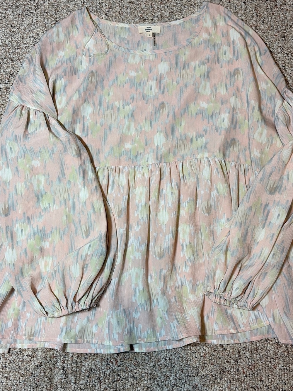 Cottage Boho Pastel Pink Printed Peasant Blouse with Cream & Light Blue Accents